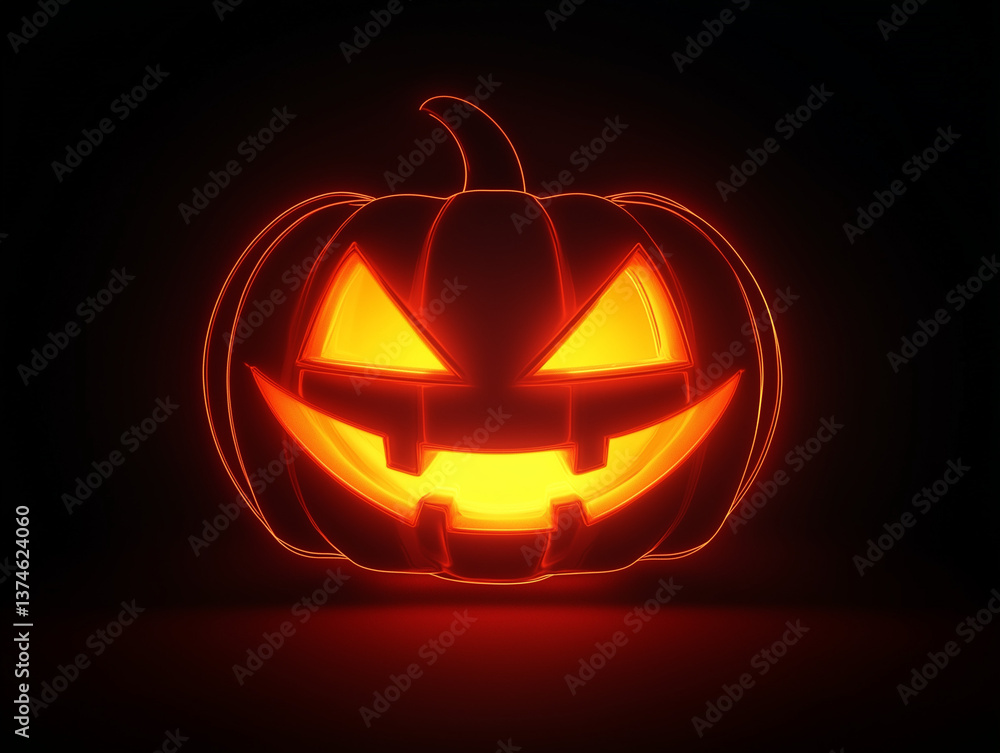 Neon jack-o'-lantern face with sharp eyes on black backdrop, digital art Neon jack-o'-lantern face with sharp eyes on black backdrop, digital art