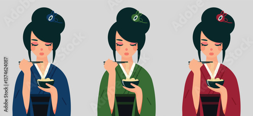 girl in a kimono eating noodles flat vector illustration.