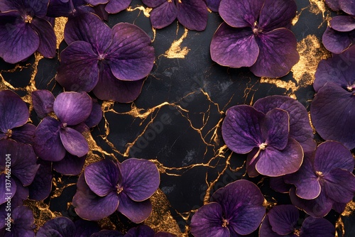 Close up of purple flowers with gold accents. The flowers are arranged in a way that they seem to be floating above a black background. The gold accents add a sense of luxury