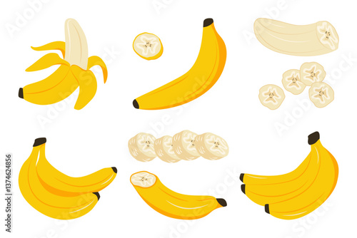 Banana set. Cartoon ripe bananas, bunch of yellow sweet exotic tropical fruit, minimal abstract organic banana elements, healthy sweet food nutrition products. Vector isolated collection
