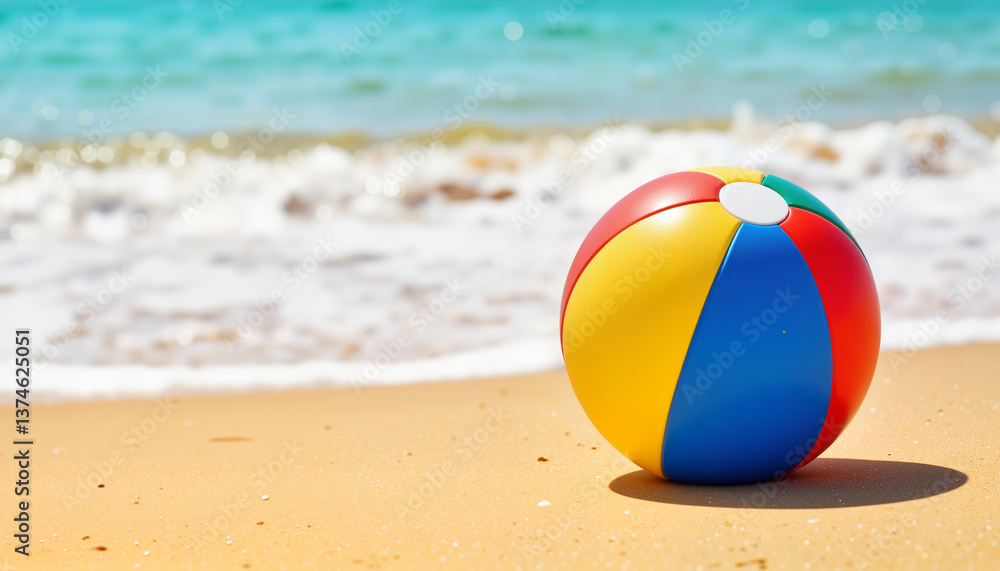 Obraz premium Colorful beach ball resting on sandy shore by the ocean 