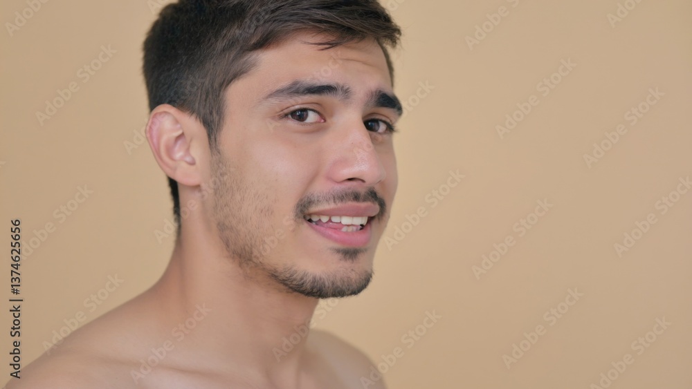 Fototapeta premium A person cleaning their teeth without a mirror, everyday routine scene