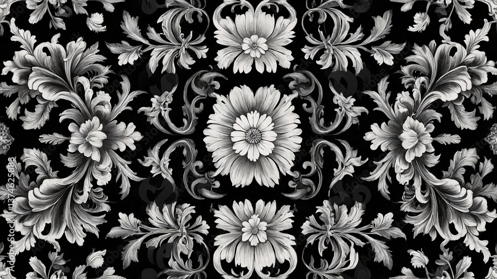 Fototapeta premium Intricate black and white floral pattern featuring delicate blossoms and swirling leaves, creating an elegant backdrop.