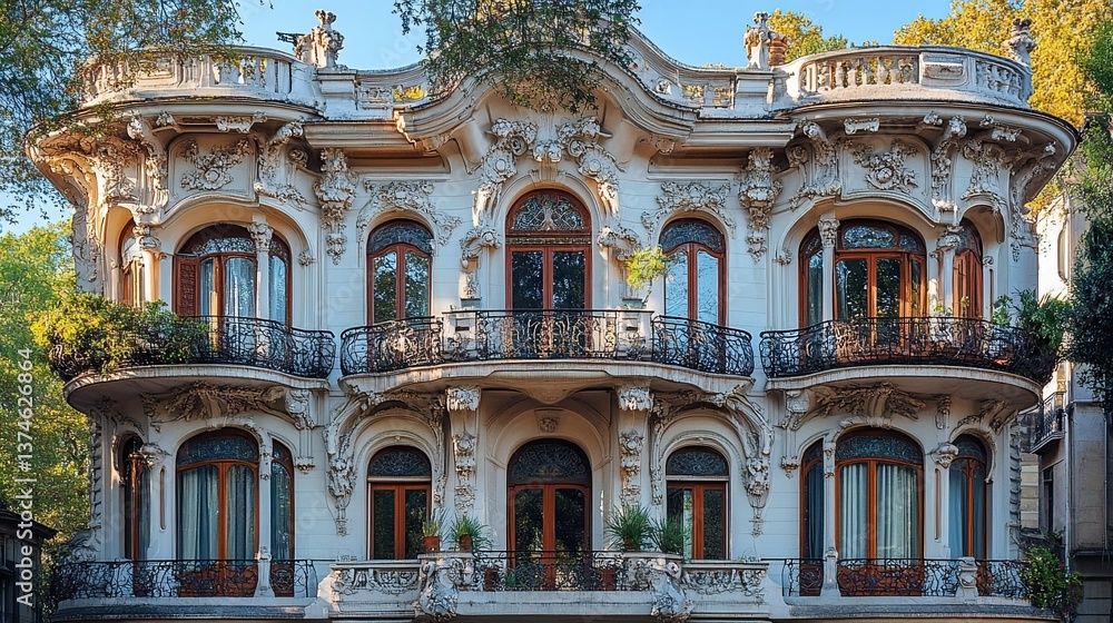 Fototapeta premium Art Nouveau Architecture - Flowing and organic images of Art Nouveau architecture, featuring curved lines, intricate details, and nature-inspired designs in historical buildings.