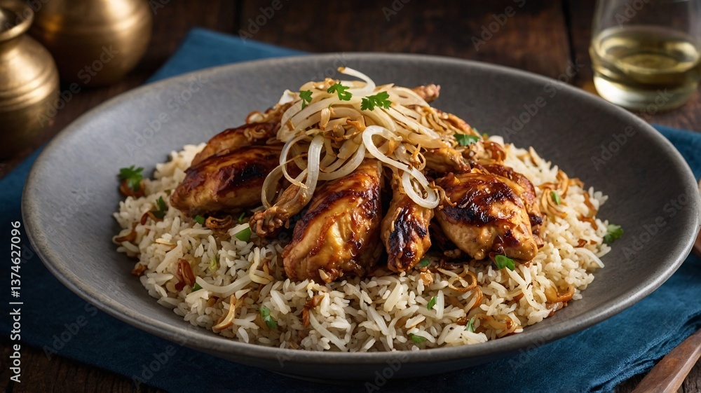 A plate of succulent marinated chicken served on fragrant rice, topped with crispy onions and garnished with fresh herbs. A plate of succulent marinated chicken served on fragrant rice, topped with crispy onions and garnished with fresh herbs.