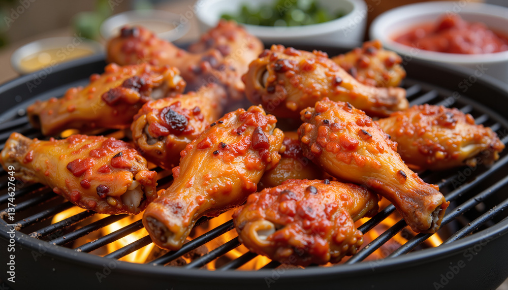 Grilled chicken wings with sauce on a barbecue grill Grilled chicken wings with sauce on a barbecue grill