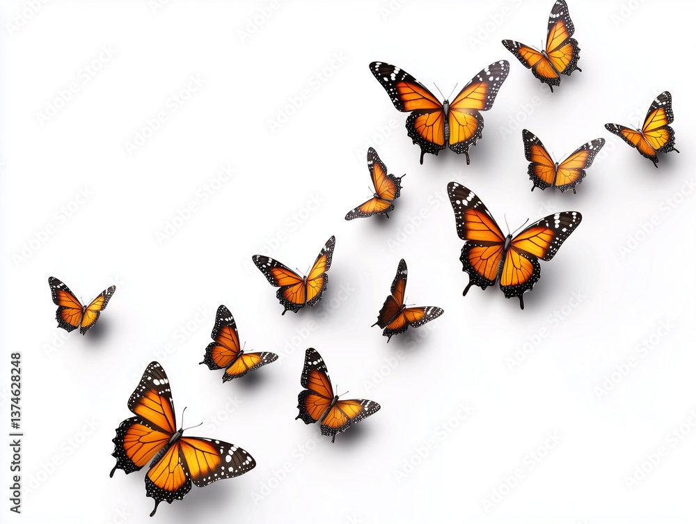 custom made wallpaper toronto digitalVibrant monarch butterflies gathered in flight on white background, photo