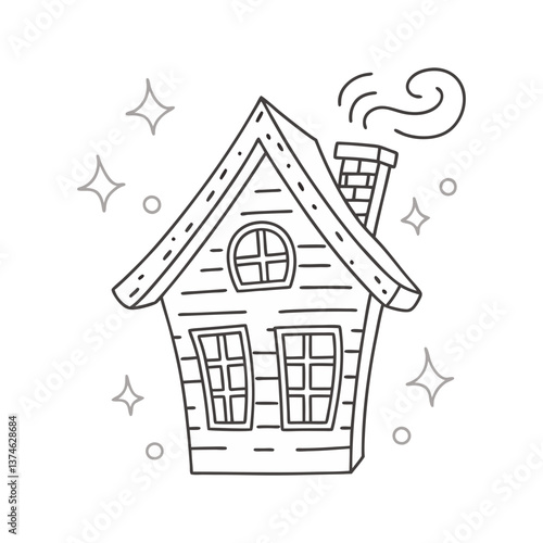 Vector illustration of a whimsical crooked house with chimney smoke and sparkles in a clean, minimal linear style representing cozy fantasy homes.