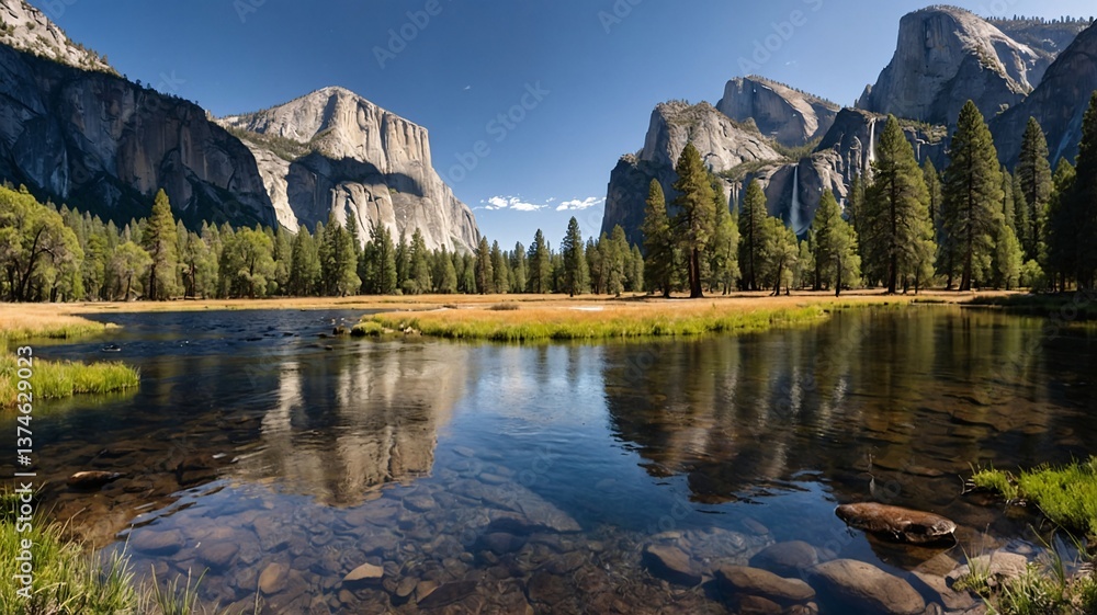 Naklejka premium Majestic granite cliffs reflected in a serene lake, surrounded by lush greenery and vibrant blue skies in a national park.