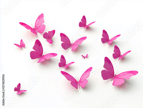 Set of pink butterflies in flight against white, illustration