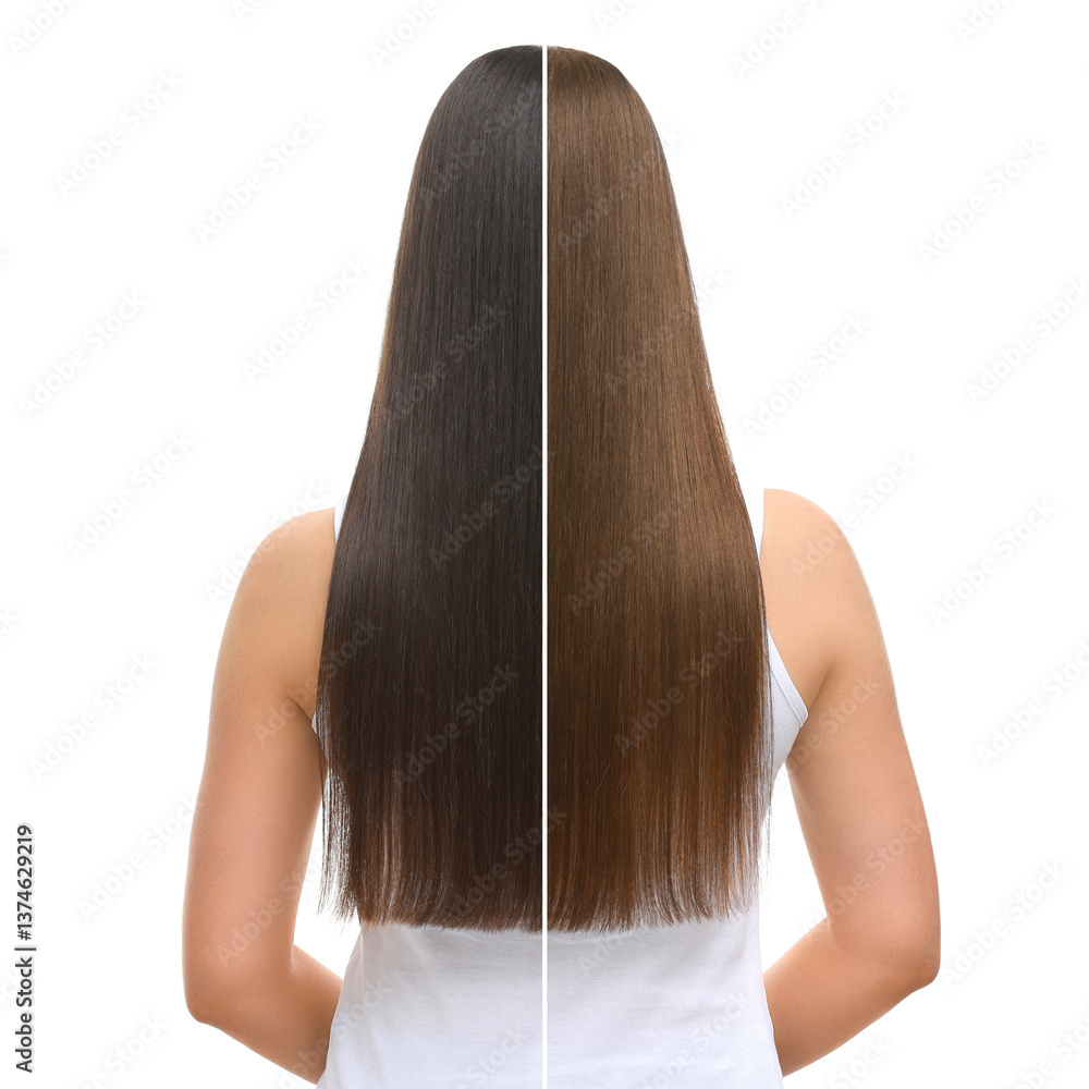 Naklejka premium Before and after hair dyeing procedure. Photo of woman on white background divided into halves, back view