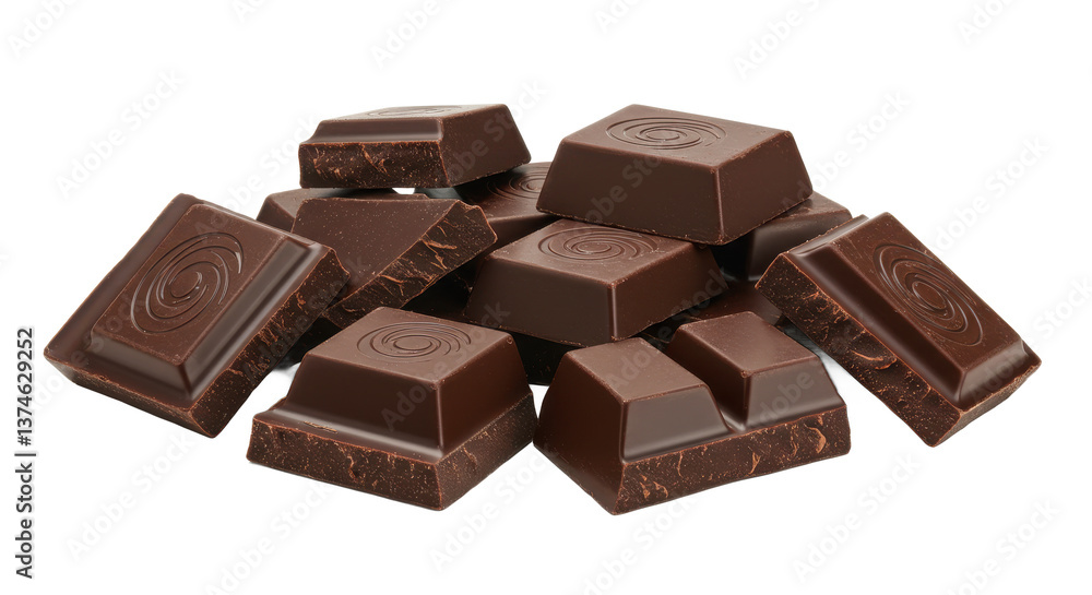 A pile of dark chocolate squares with a swirl design on top against a black background A pile of dark chocolate squares with a swirl design on top against a black background