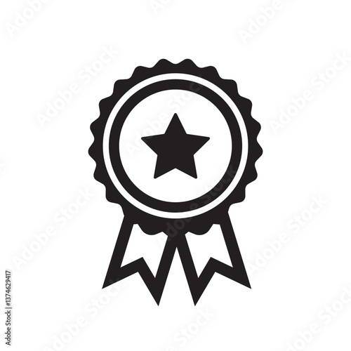 Black and white ribbon award icon with a star in the center, symbolizing achievement, excellence, certification, or recognition. Ideal for business, education, sports, and quality assurance designs.