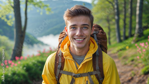 Obraz na płótnie positive young man with backpack in nature, spring, hiking
w salonie