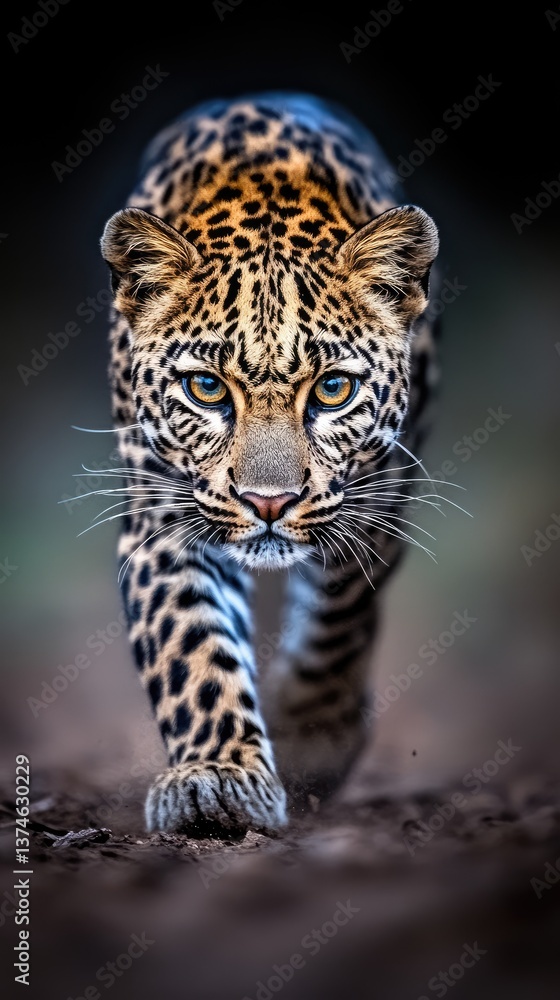 Fototapeta premium Striking leopard walks forward, intense eyes focused, beautiful pattern, and earthy tones