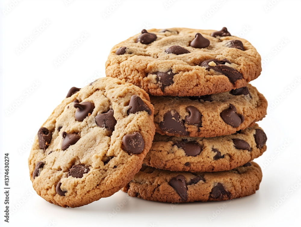Chocolate chip cookies stacked together, photorealistic Chocolate chip cookies stacked together, photorealistic
