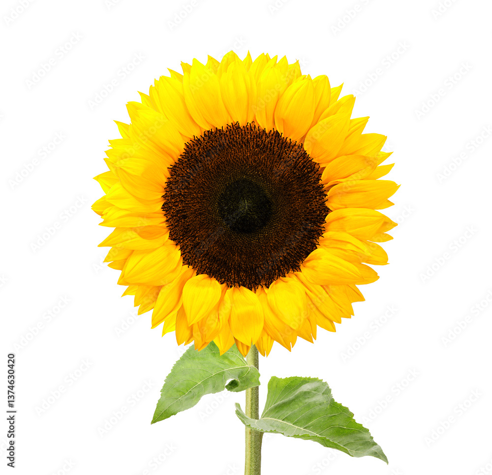 Obraz premium Beautiful bright sunflower with green leaves on white background