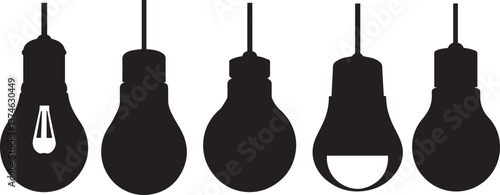 Black light bulbs, silhouette, hanging lamps, minimalist design, industrial style, symmetrical arrangement, retro Edison bulbs, monochrome illustration, graphic design, simplicity