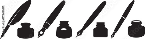 Vintage writing tools, ink bottles, quill pens, fountain pens, black and white illustration, silhouettes, minimalist design, retro stationery set, calligraphy implements, nostalgic office supplies