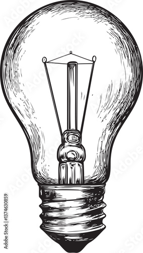 Filament light bulb sketched with glowing effect in black and white illustration. Vector illustration