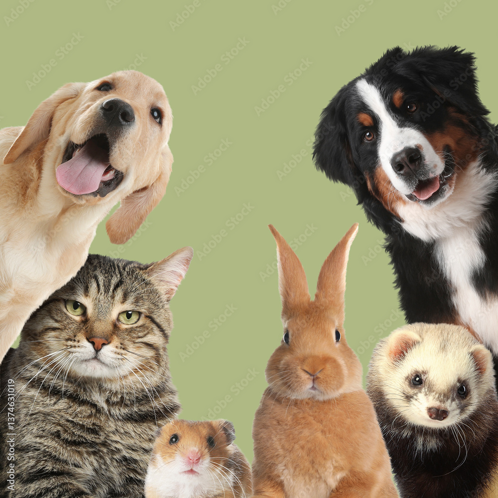 Obraz premium Rabbit and other animals looking at camera on pastel green background