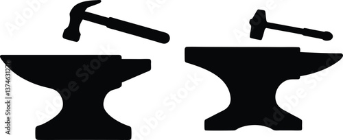 Black and white illustration, anvil silhouettes, blacksmith tools, hammer icons, metalworking symbols, industrial design, minimalist graphic, contrasting shapes, craftsman equipment, forging elements