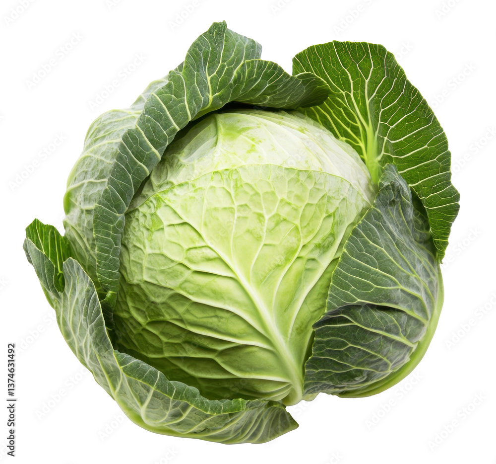 Obraz premium Bright green cabbage displays its rich texture and crisp leaves under soft natural lighting, perfect for salads or cooking
