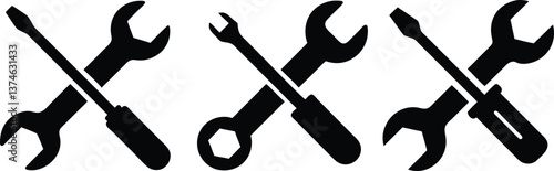 Black and white icon set, wrench tools, screwdriver, crossed tools, minimalist design, mechanical symbols, repair iconography, maintenance graphics, industrial imagery, vector style