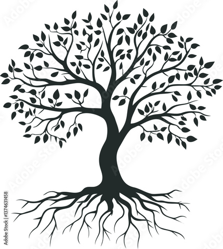 Silhouette of tree with detailed branches and roots in black and white illustration. Vector illustration
