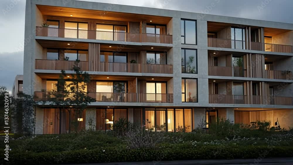 Modern Apartment Building at Dusk, Architectural Design, Concrete and Wood Exterior Modern Apartment Building at Dusk, Architectural Design, Concrete and Wood Exterior