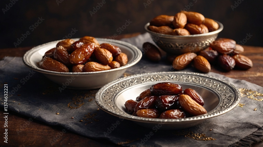 Variety of dates in ornate silver bowls on a beautifully textured fabric. Variety of dates in ornate silver bowls on a beautifully textured fabric.