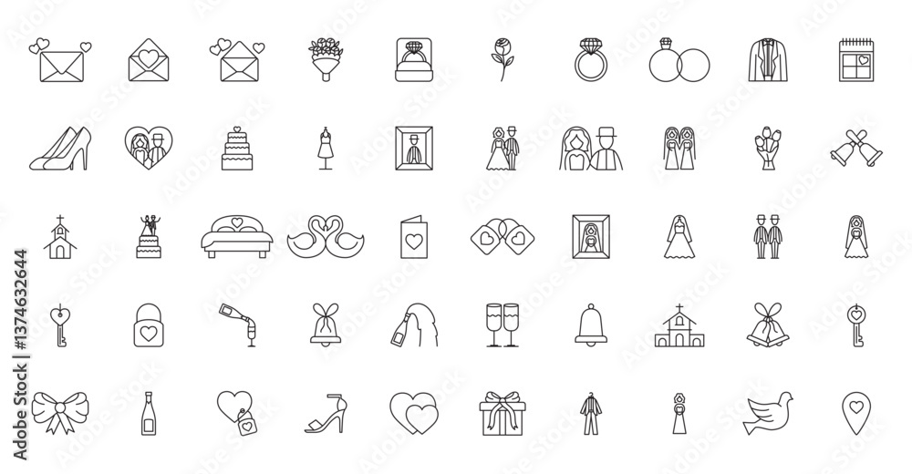 Set of wedding vector icons in black lines and white background Set of wedding vector icons in black lines and white background