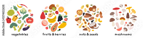 Vegetables, fruits, berries, nuts, seeds and mushrooms set in circle shapes. Ideal for healthy eating, vegetarian food concepts. Trendy modern vector illustration isolated on white, hand drawn, flat