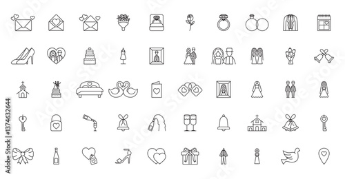 Set of wedding vector icons in black lines and white background