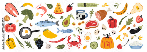 Set with elements of varied healthy nutrition, such as vegetables, fruits, berries, seafood, meat and dairy products. Trendy modern vector illustration isolated on white, hand drawn, flat design