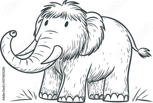 Adorable cartoon mammoth illustration with big tusks and shaggy fur in black and white. Vector illustration
