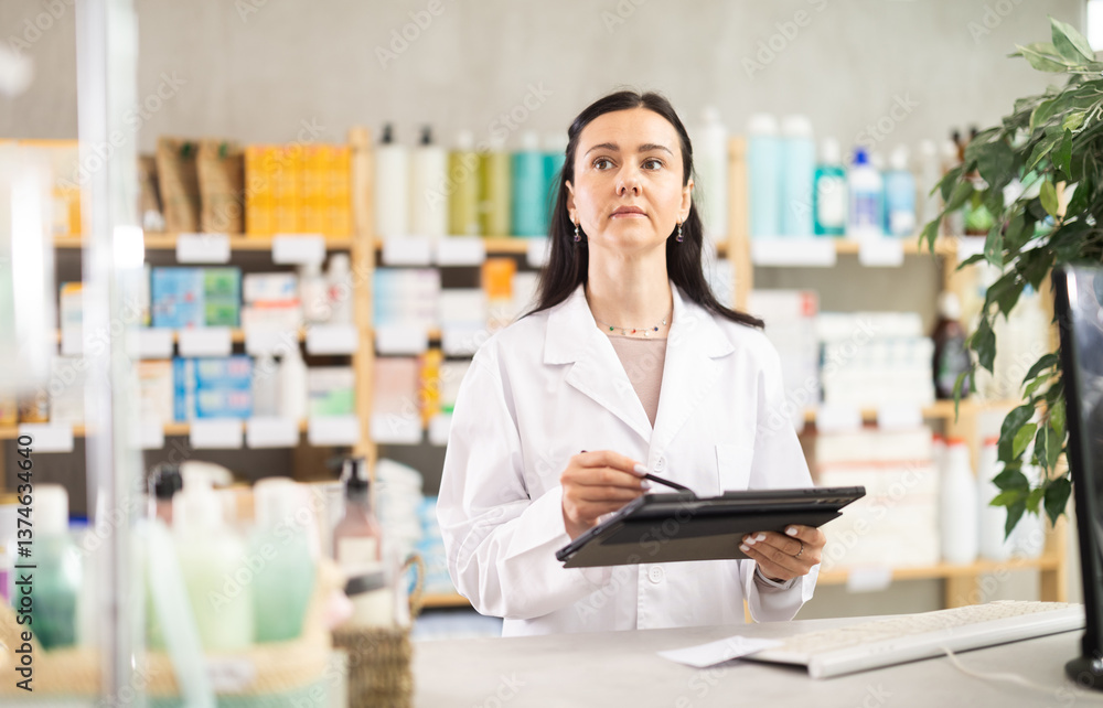 Focused middle-aged female apothecary taking records of stock using tablet in chemistry Focused middle-aged female apothecary taking records of stock using tablet in chemistry
