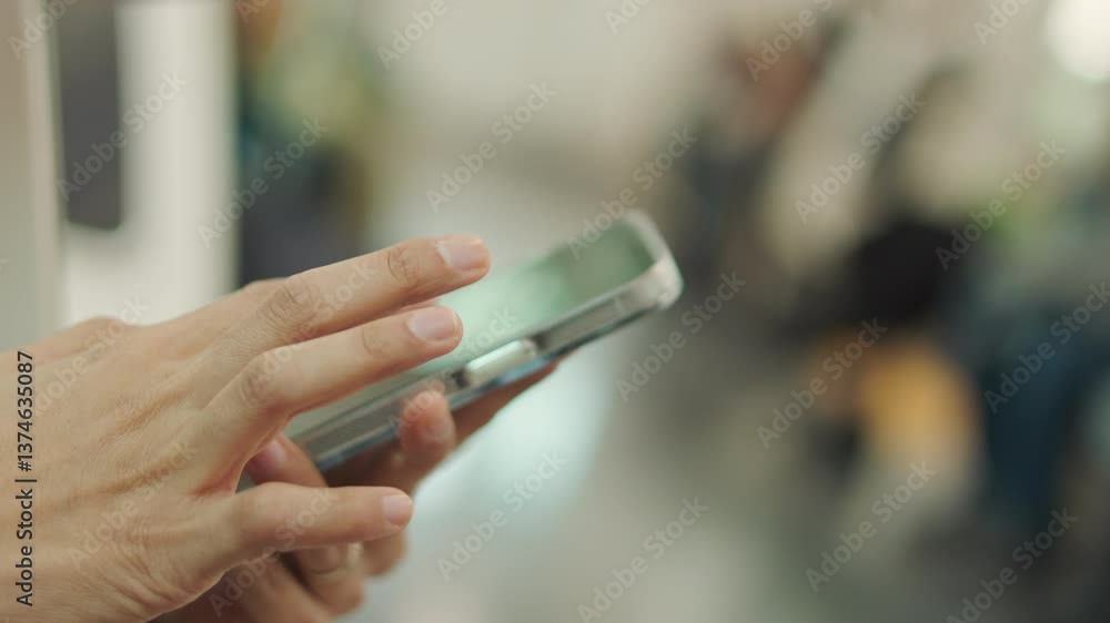 Close up hands using mobile device, browsing and interacting through a touchscreen. Wireless connectivity keeps them always connected, blending technology in daily life with the urban lifestyle. Close up hands using mobile device, browsing and interacting through a touchscreen. Wireless connectivity keeps them always connected, blending technology in daily life with the urban lifestyle.