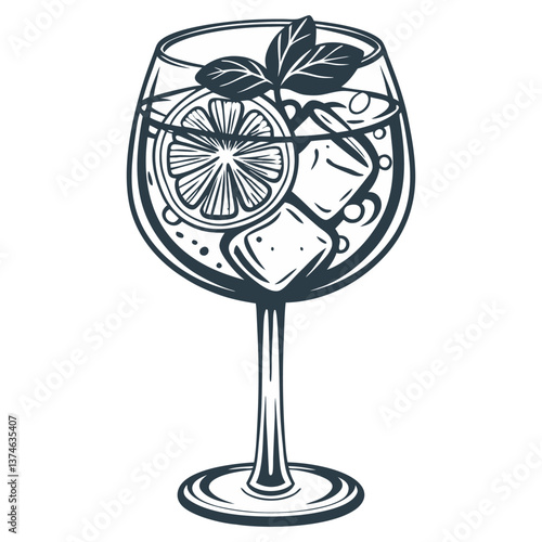 Aperol cocktail vector with ice and slice of orange for cocktail bar or drink summer party. Aperol spritz alcohol cocktail with gin for tee print of beach bar and cafe menu
