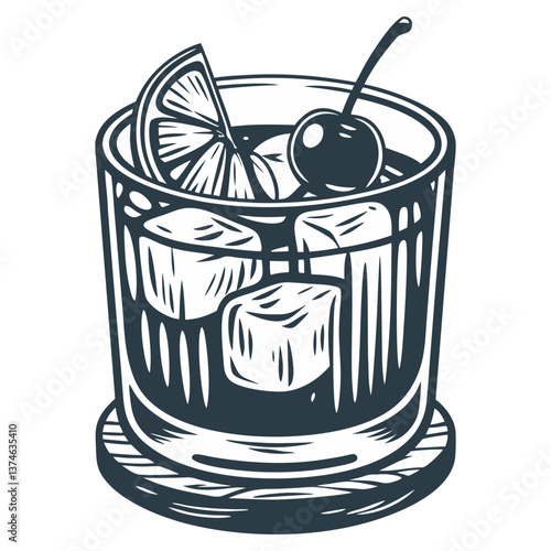 Negroni cocktail vector or whiskey, cognac with ice and slice of orange for cocktail bar or drink summer party. Brandy or alcohol cocktail for beach bar and cafe menu. Old fashioned