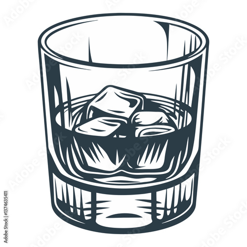 Vintage style rocks glass holding whiskey, ice cubes creating sophisticated drinking ambiance with classic graphic design for bar and beverage design