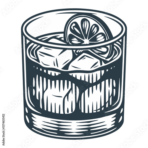 Negroni cocktail vector or whiskey, cognac with ice and slice of orange for cocktail bar or drink summer party. Brandy or alcohol cocktail for beach bar and cafe menu. Old fashioned