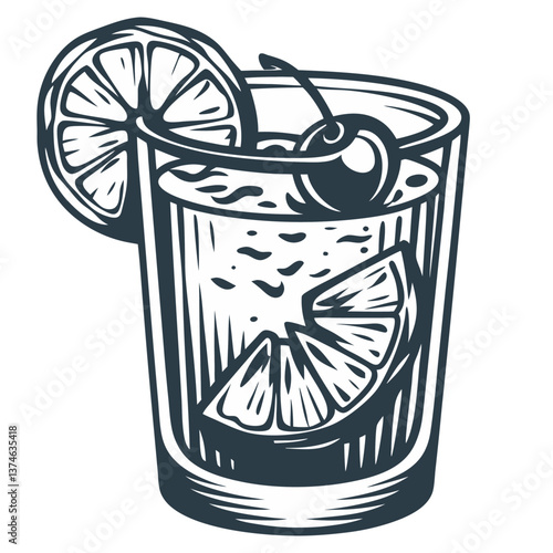 Negroni cocktail vector or whiskey, cognac with ice and slice of orange for cocktail bar or drink summer party. Brandy or alcohol cocktail for beach bar and cafe menu. Old fashioned