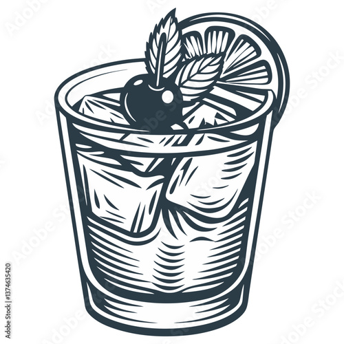 Negroni cocktail vector or whiskey, cognac with ice and slice of orange for cocktail bar or drink summer party. Brandy or alcohol cocktail for beach bar and cafe menu. Old fashioned
