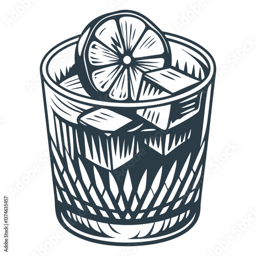 Negroni cocktail vector or whiskey, cognac with ice and slice of orange for cocktail bar or drink summer party. Brandy or alcohol cocktail for beach bar and cafe menu. Old fashioned