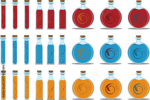 The image shows colorful glass bottles and flasks arranged symmetrically on a grid background. Each container holds swirling red, blue, or orange liquid, creating a magical, laboratory-like aesthetic.
