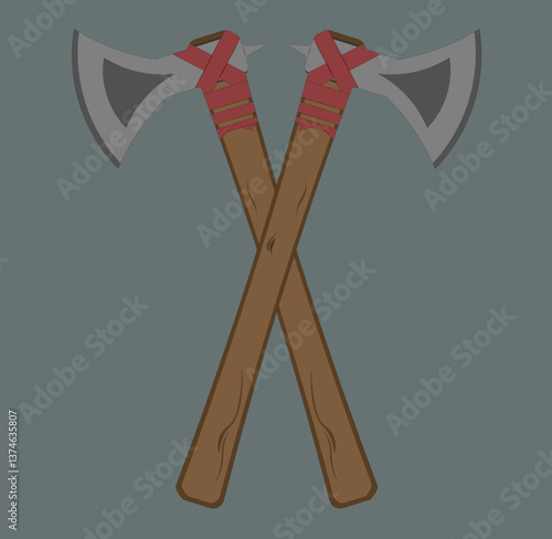 The image depicts two crossed axes with wooden handles and gray blades, bound by red straps. The design is simple yet striking, evoking a medieval or fantasy theme with bold colors and rustic details.