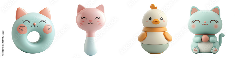 Obraz premium Adorable set of cute animal toys, including a cat don't, cast rattle, duck stacker, and cuddly cat. Each toy features playful, smiling expressions suitable for baby playtime.