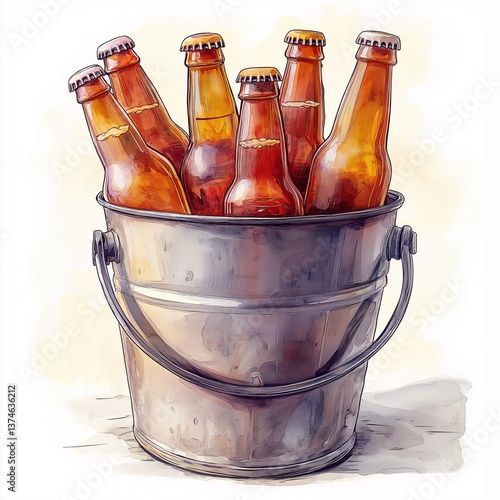 Golden beer bottles and bathed in summer sunlight, nestled within a weathered galvanized steel bucket, evoking picnics and leisurely gatherings. watercolor illustration. 