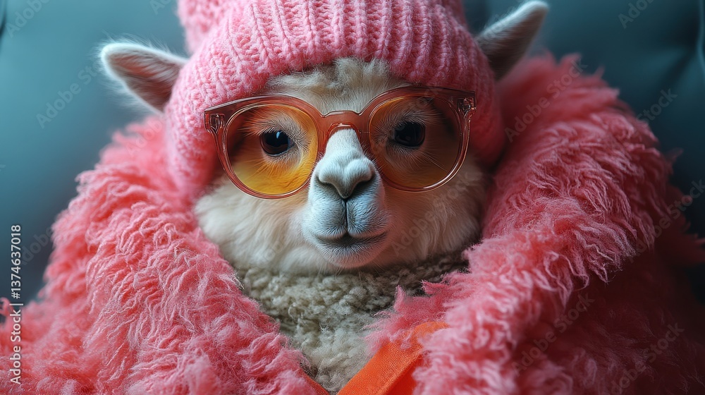 Obraz premium Fashionable llama exudes charm in vibrant attire and oversized glasses, showcasing an enchanting style that captivates all eyes in an indoor setting